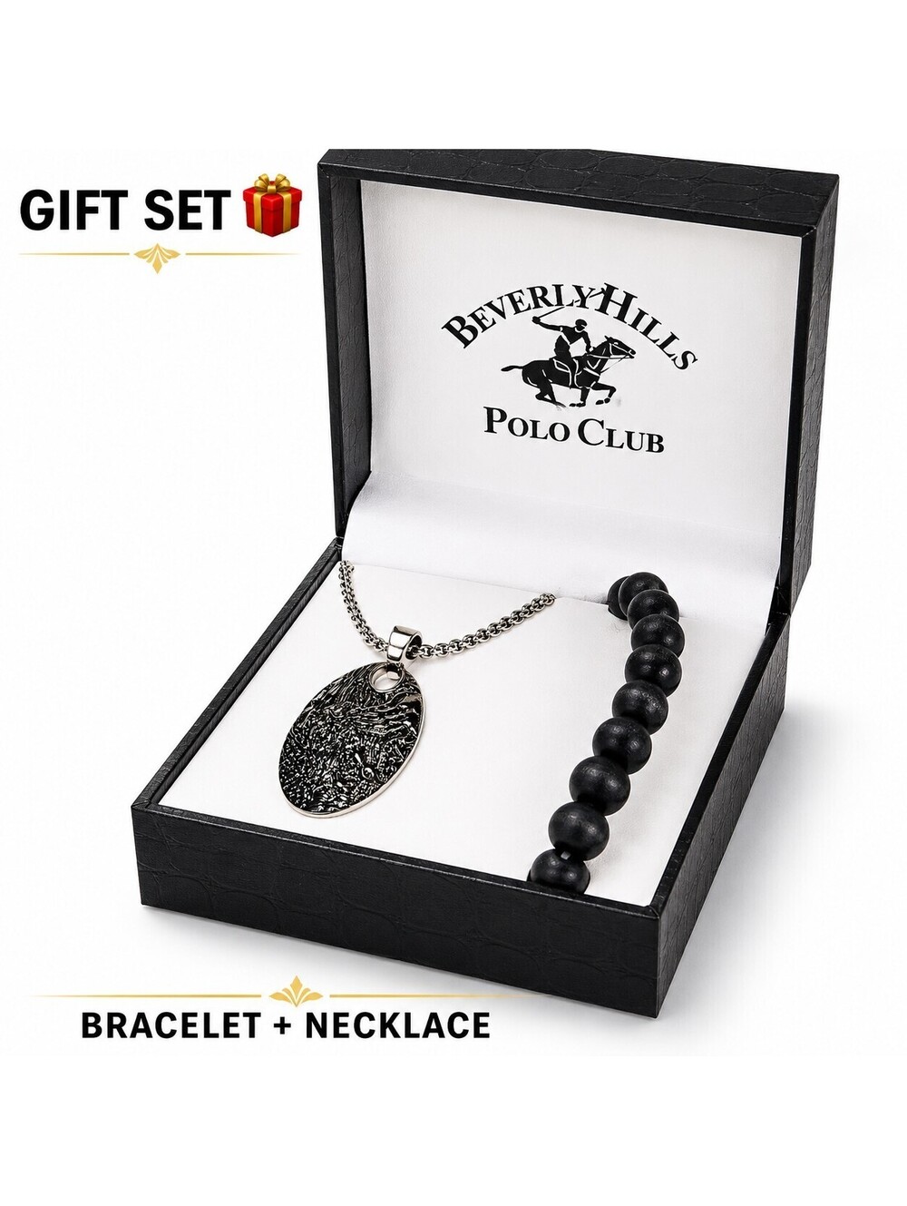 Beverly Hills Polo Club Necklace & Bracelet Gift Set Mens Black Bead Silver...